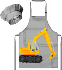 2Pcs Kid Apron And Chef Hat Set, Adjustable Excavator Children Kitchen Apron, Dr