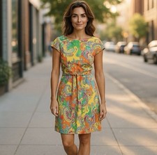 LAUREN RALPH LAUREN  Paisley Colorful Jersey Cap Sleeve Belted Dress Sz PXS $169