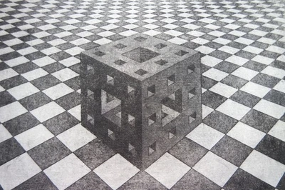 Aquatinta-Radierung „Menger-Würfel auf Parkettierung“ original signiert T. Ehmke - Bild 1 von 4