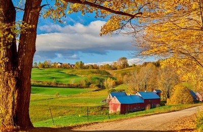Wandbild: Jenne Farm mit Scheune am sonnigen Herbstmorgen in Vermont, USA [...]