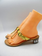 MIU MIU Gold Leather Thong Jeweled Block Heel Sandals Size 37