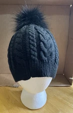 J Crew Knit Beanie Hat Thick Cap Black Bobble Hat Pompom Top Youth Women Winter