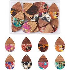 Beadthoven 16pcs/8 Pairs Resin Wood Teardrop Charms Earrings Pendants