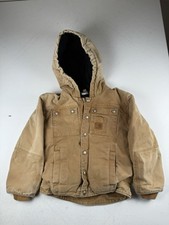 Carhartt Youth Brown Duck Canvas Quilt Lined Hooded Bartlett Jacket S- 8/10