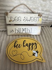 Lot Of 2 Bee Sweet  Bumble/Bee Happy Wood Hanging Sign Farmhouse Decor 7"x4"