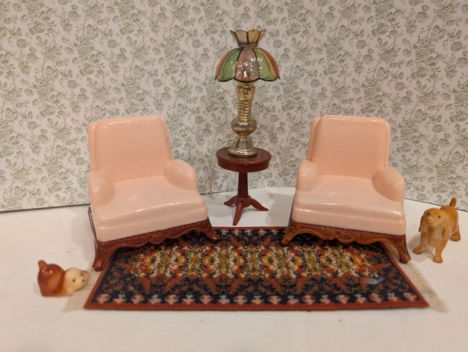 Renwal 3 Pc Living Room Set w/Tiffany Lamp Vintage Dollhouse Furniture Marx 1:16 - Image 4 of 4