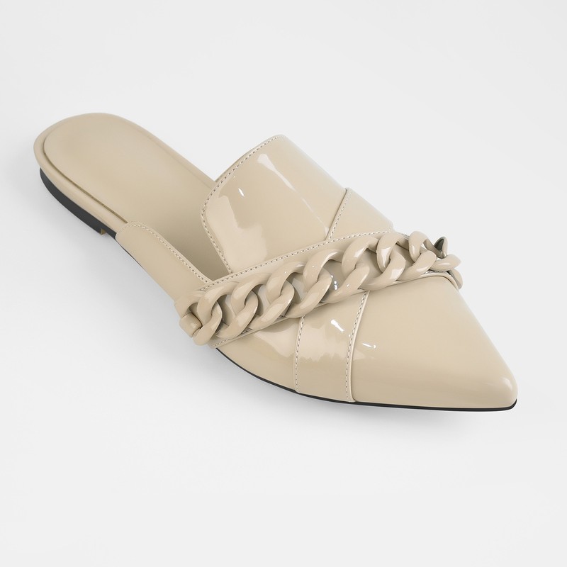 Women's Beige Patent Chain Link Pointed Toe Backless Mule Flats US12
