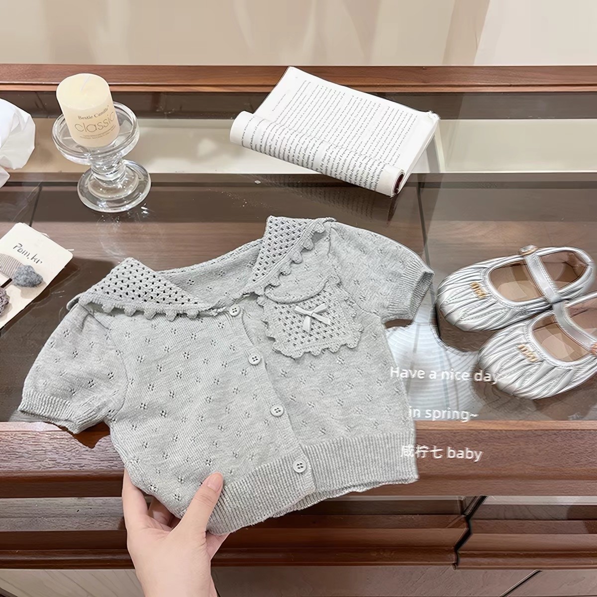 Baby Girls Gray Knit Cardigan Set with Mary Jane Shoes & Knee High Socks 18-24m