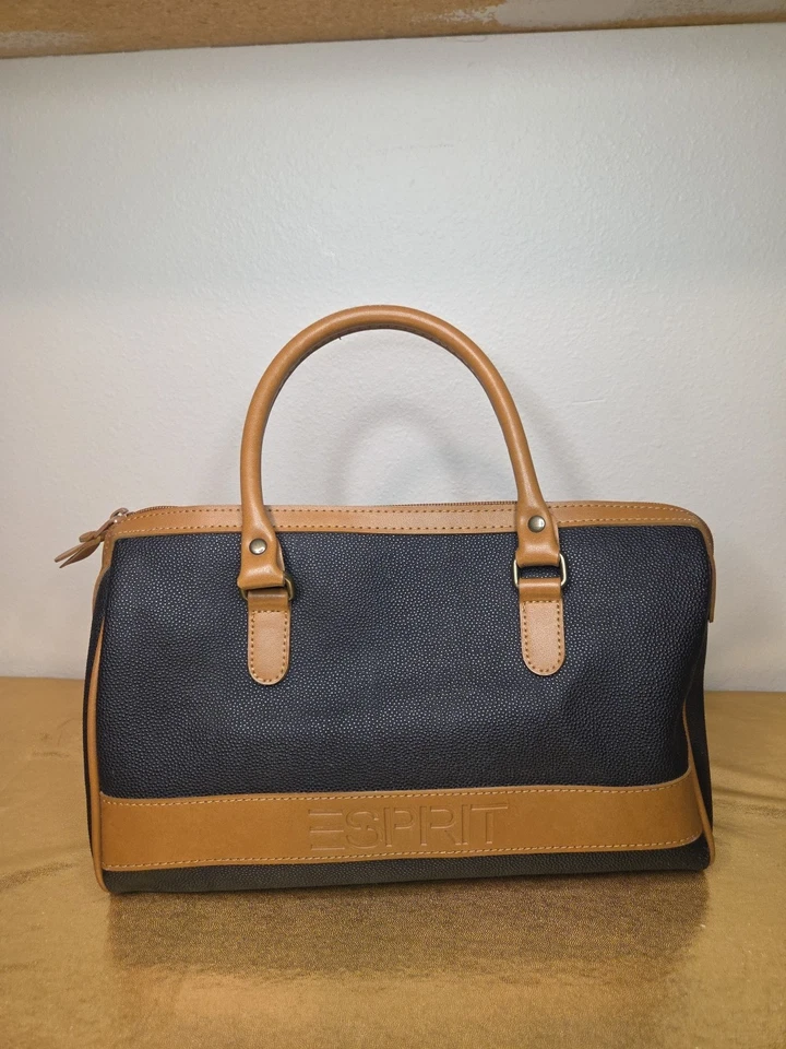 ESPRIT Vintage 90s Black Tan Pebbled Leather Logo Handbag Purse 2 Handle Bag - Image 3 of 4