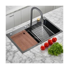 30" Black Drop In Waterfall Kitchen Sink Workstation Single Bowl Stainless St...