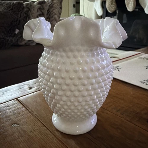 Fenton White Hobnail Milk Glass  Vintage Vase with Ruffled Edges 6" Tall