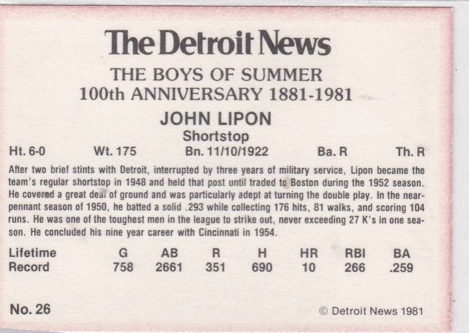 1981 Detroit News Tigers Boys of Summer 100th Anniversary Red Border John Lipon - Image 2 of 2