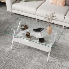 38.6 Inch Two-Tier Rectangle Coffee Table Tempered Glass Wood Shelf Center Table