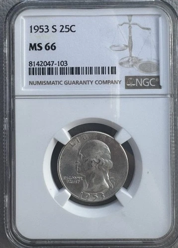 1953 "S" Washington SILVER Quarter 25c NGC MS66  Uncirculated