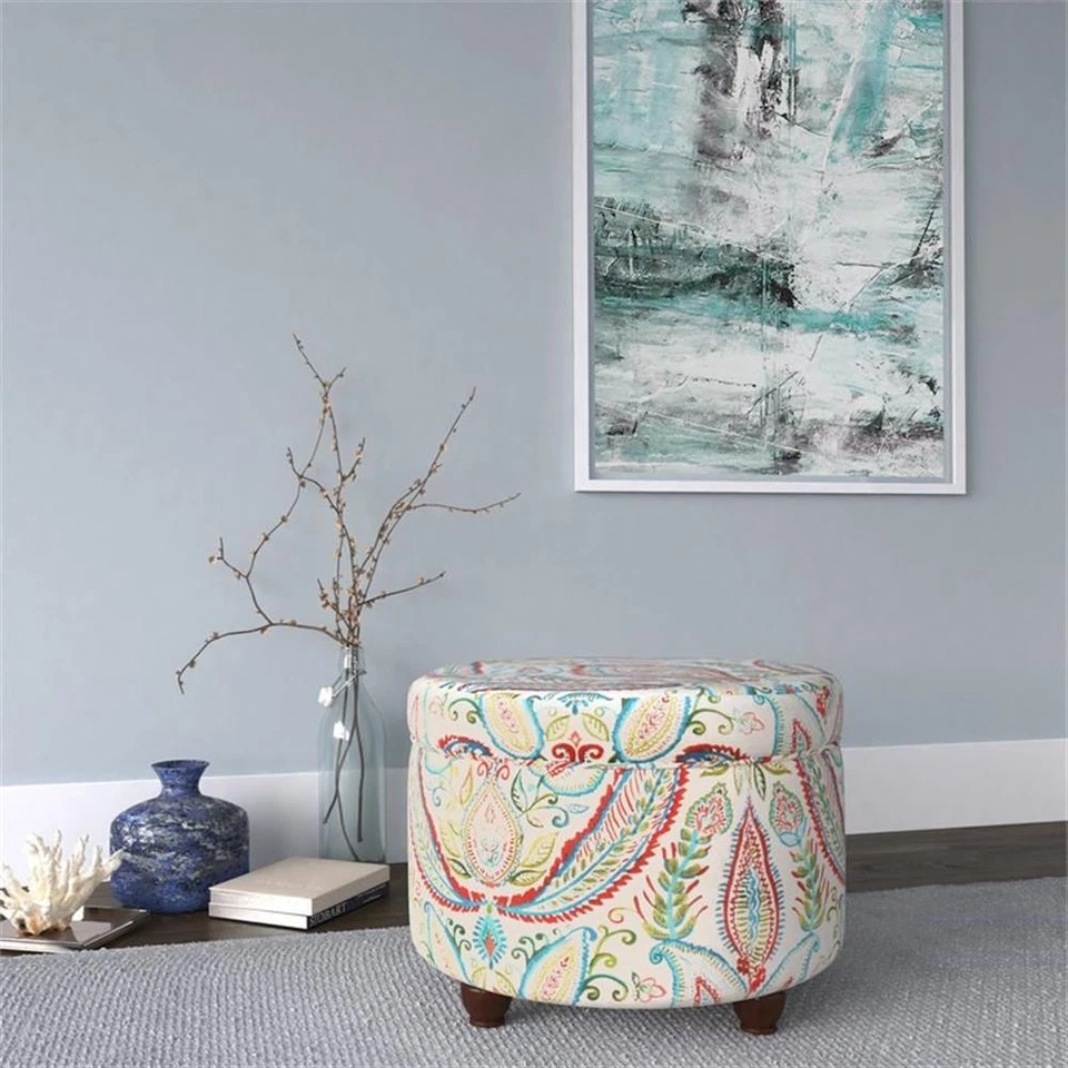 HomePop Round Transitional Cotton Paisley Pattern Storage Ottoman in Multi-Color - Image 2 of 4