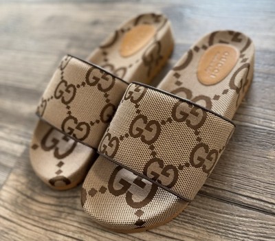 Gucci Men's Slides in Camel and Ebony Maxi GG Canvas Uk 10 US 10.5