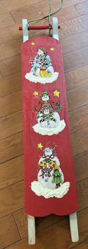 Christmas Wooden Sled Wall Hanging Plaque, Vertical Snowman Design, Red
