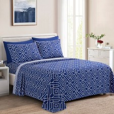 Printed Rayon from Bamboo Deep Pocket 4 Pieces Sheet Set, Blue Geometric Double