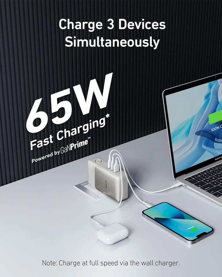 Banco de alimentación Anker GaNPrime 30W USB-C 10000mAh 2 en 1 65W cargador de pared rápido 3 puertos Foto 2 de 4