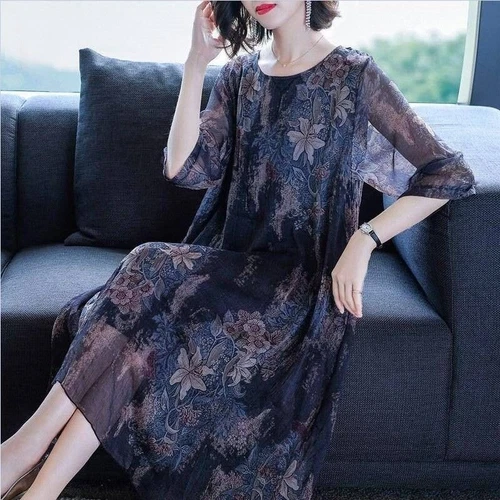 Women Chiffon Print Midi Dress Half Sleeves Casual Loose A-line Retro Ethnic - Picture 14 of 22