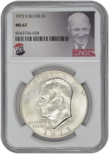 1973 S $1 Silver Ike Dollar NGC MS 67 with Exclusive Label and New Holder