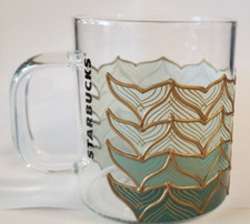 Starbucks 12 oz Glass Mug -2020-21 Mermaid Tail Scales Blue Gold Embossed 50th