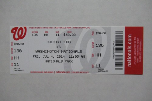 WASHINGTON NATIONALS VS CHICAGO CUBS 7/4/2014 FULL TICKET ~ RUGGIANO/WERTH HRs