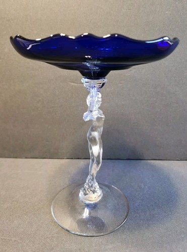 Vintage Cambridge Cobalt Blue Glass Compote With Nude Lady Clear Glass Figurine - Picture 8 of 12