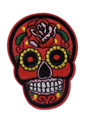 American Brand Small Light Red Day of the Dead Sugar Skull Sew - Iron On Patch