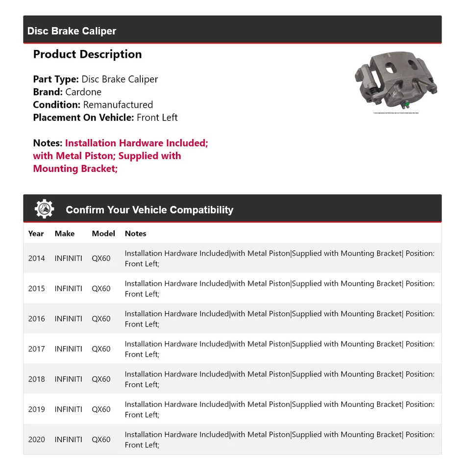 Pinza de freno de disco delantera izquierda Cardone 2015 2016 2017 para Infiniti QX60 2014-2020 Foto 2 de 4