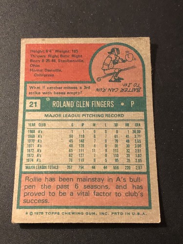1975 Topps Rollie Fingers #21 HOF VG - Picture 4 of 4