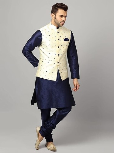 Men's Silk Blend Kurta & Churidar Pyjama With Ethnic Bundi Jacket | 3 In 1 | - Imagen 59 de 182