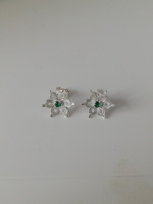  .970 Solid Silver Filigree Emerald Earrings New.