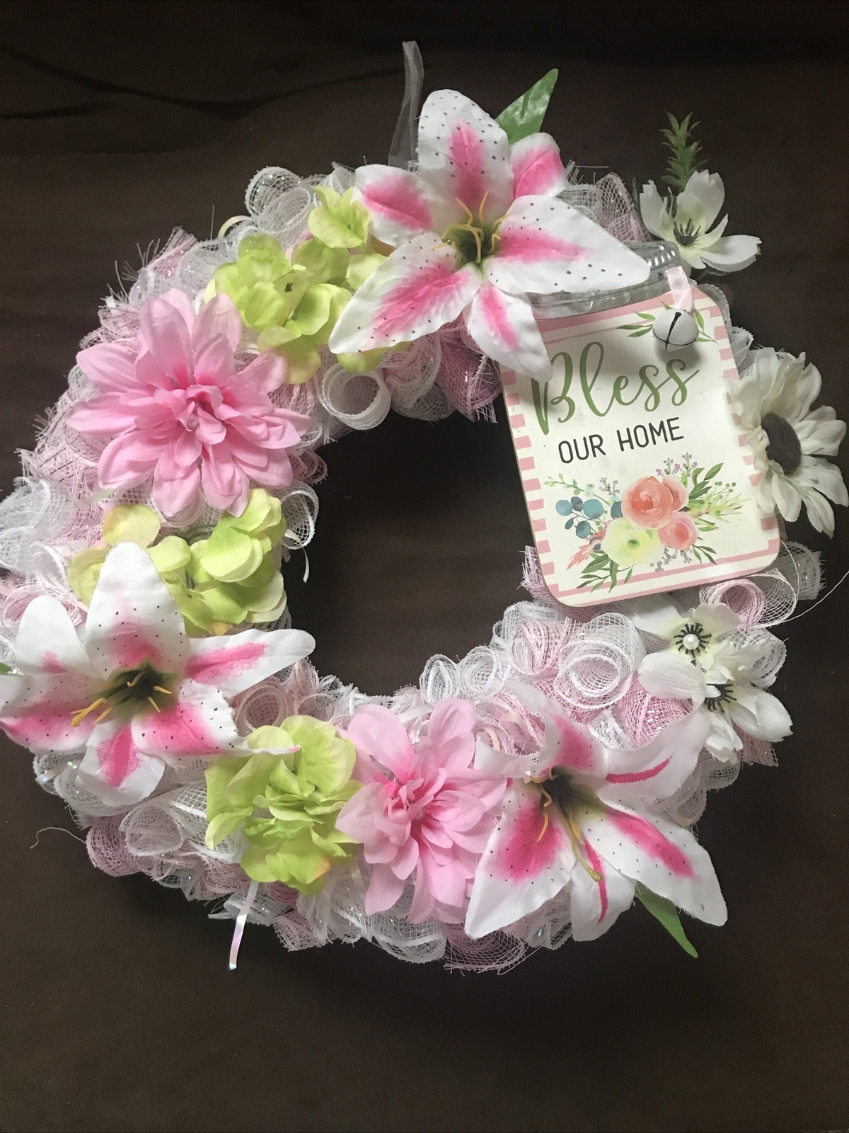 Pink Floral Spring Wreath with Bless Our Home 16 Inch