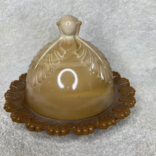 ANTIQUE GREENTOWN CHOCOLATE GLASS SLAG LEAF BRACKET COVERED BUTTER DISH