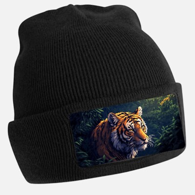 Unisex Cotton Tiger Pixel Art Black Beanie Hat