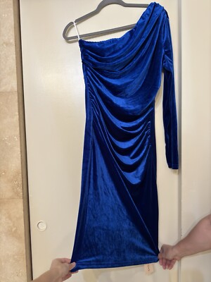 shein royal blue dress long SHEIN LUNE Women's Royal Blue Elegant Dress Autumn Knit One Shoulder Long Sleeve Ruched Waist Fitted Gown For Prom Night Dining Casual Sophisticated Party Dress
