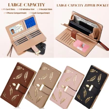 Cute Women's Long Leaf Leather Card Holder Purse Zipper Buckle Clutch Wallet US