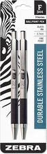Zebra F-301 Ballpoint Stainless Steel Retractable Pen 0.7mm Black Ink 2 Pack NEW
