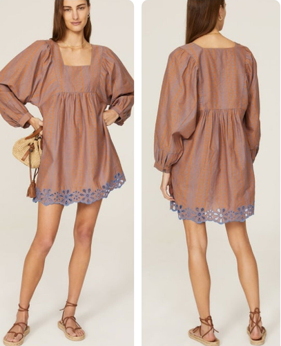Joie Jade Dress Mini Linen Cotton Gathered Embroidery Brown Blue size XL new