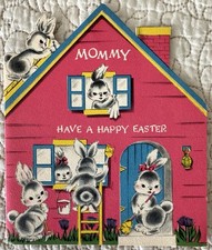 Unused Easter Rabbit Bunny Pink House Window Roof Vtg Greeting Card 1940s 1950s