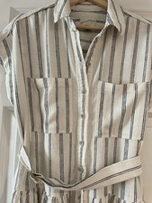White Linen Stripe Button Up Belted Drop Waist Dress Universal Threads Small