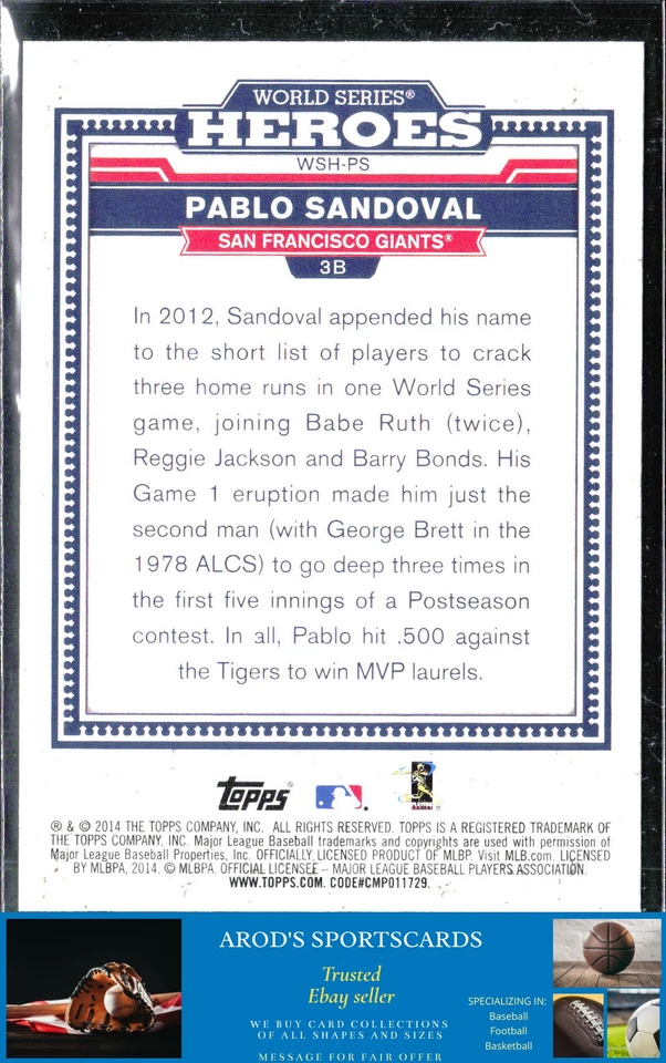 2014 Topps Update *Pablo Sandoval **Card #WSH-PS** INSERT - Image 2 of 2