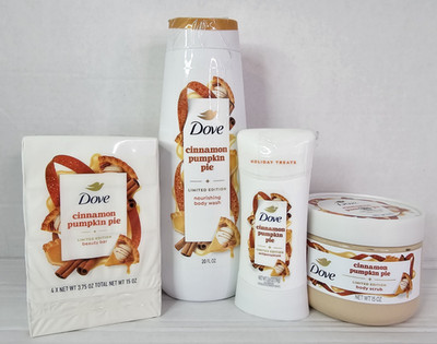 Dove Cinnamon Pumpkin Pie Limited Edition 4 Piece Bundle Wash Scrub Bars Deo