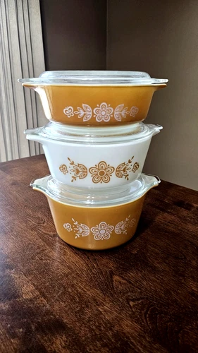 Vtg 1970's Pyrex Butterfly Gold Casserole Dish Set w/Lids - 471 472 473 - NICE!