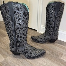 Corral Glitter Inlay Floral Overlay Crystals Studs Cowboy Black Leather Boots
