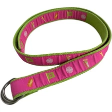 Douglas Paquette Preppy Golf Print Canvas D Ring Belt Pink Lime Green Women's L