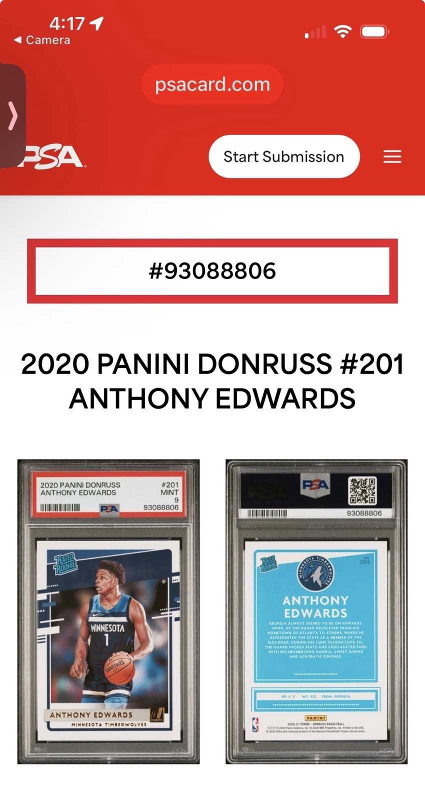 Anthony Edwards (Timberwolves) 2020 Panini Donruss Rated Rookie RR PSA 9 view 2