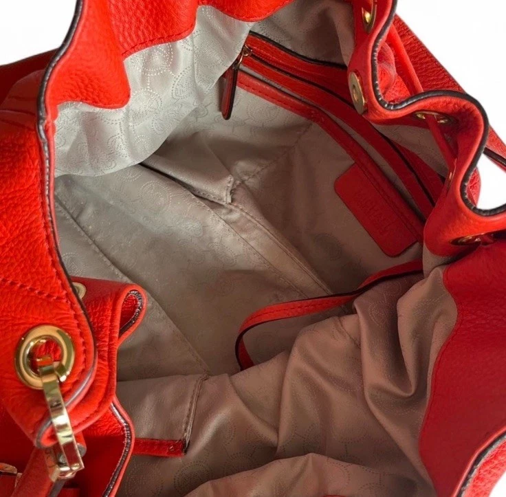 Michael Kors Pebbled Leather Red Orange Hobo Shoulder Bag Tassels Gold Hardware - Image 3 of 4