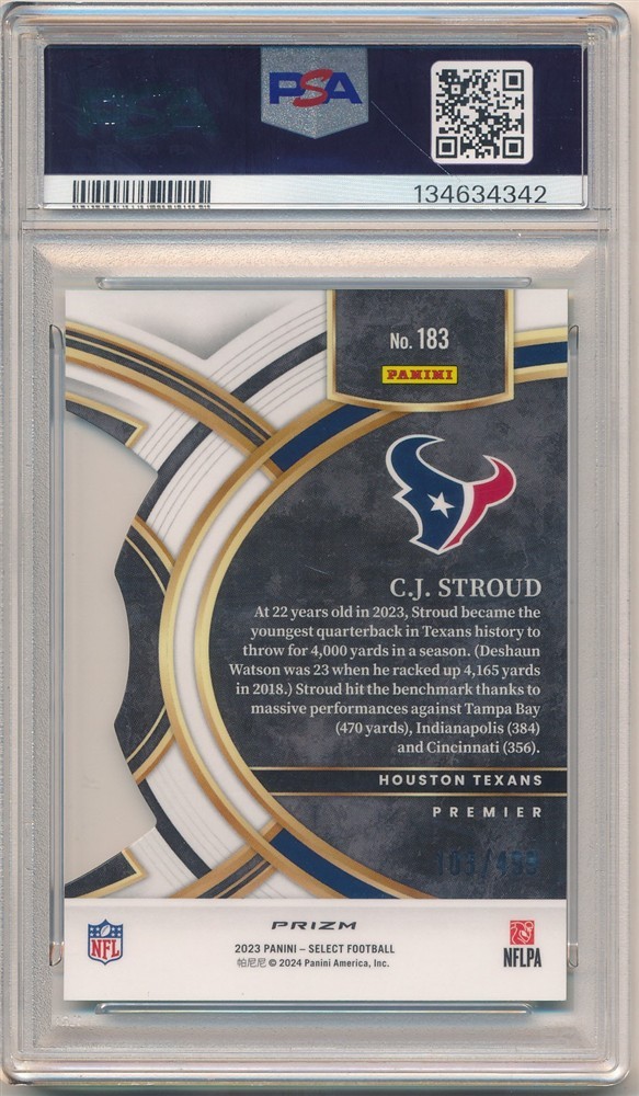 CJ STROUD 2023 PANINI SELECT #183 RC DIE CUT NEON GREEN PRIZMS #/499 PSA 10 GEM view 2